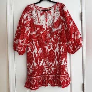 FARM Rio Red and White Floral Smocked Peasant Drea’s